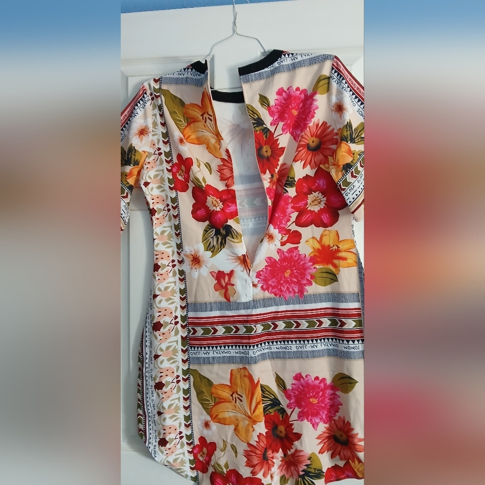 Floral Midi Dress with Red and Orange Accents - Picture 3 of 5